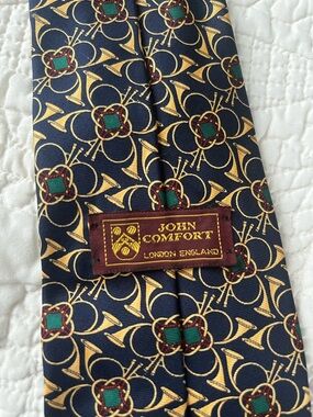 John Comfort Navy 100% Silk Tie with Gold, Green and Red Motif